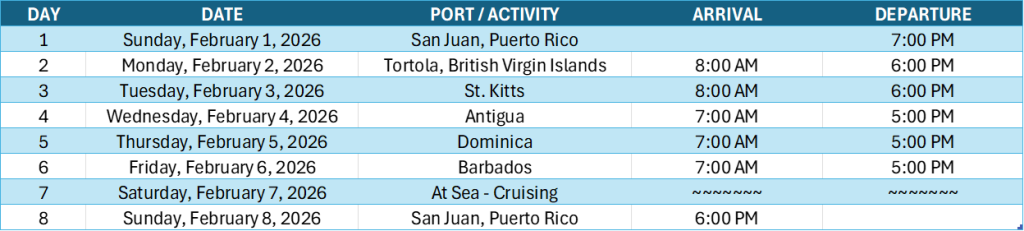 20th Cruise Retreat Itinerary